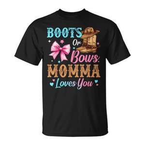 Camiseta familiar para revelación del género con estampado de botas o lazos, con la frase 'Momma Loves You' - Product Image 1