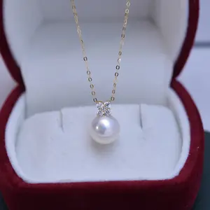 Pingente de ouro branco 18K com barra de diamantes, pingente de pérolas de água doce natural, colar com pingente de pérolas, design clássico