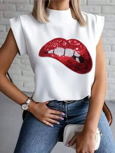 Verano Casual cuello alto manga corta algodón <span class=keywords><strong>camiseta</strong></span> personalizada alta calidad brillante lentejuelas <span class=keywords><strong>boca</strong></span> <span class=keywords><strong>camiseta</strong></span> para <span class=keywords><strong>mujer</strong></span> - Product Image 4