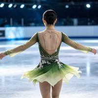 Robe de patinage artistique à col en V, manches longues en maille, dégradé vert, avec anneau de strass blanc au dos, pour compétition et performance