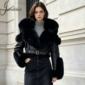 Jxwatcher Giacca in Vera <span class=keywords><strong>Pelliccia</strong></span> di Volpe Personalizzabile all'Ingrosso, <span class=keywords><strong>con</strong></span> <span class=keywords><strong>Cappuccio</strong></span>, Corta, <span class=keywords><strong>con</strong></span> Cintura, in Vera Pelle di Montone per Donne - Product Image 6