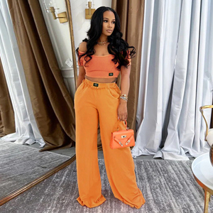 Ensemble pantalon d'été décontracté deux pièces stretch rétro avec col en <span class=keywords><strong>U</strong></span>, haut court, t-shirt et pantalon taille haute à jambes larges - Product Image 4