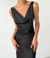 Nouvelle robe de soirée élégante pour femme en satin noir, col bénitier, sans manches, longueur ras du sol