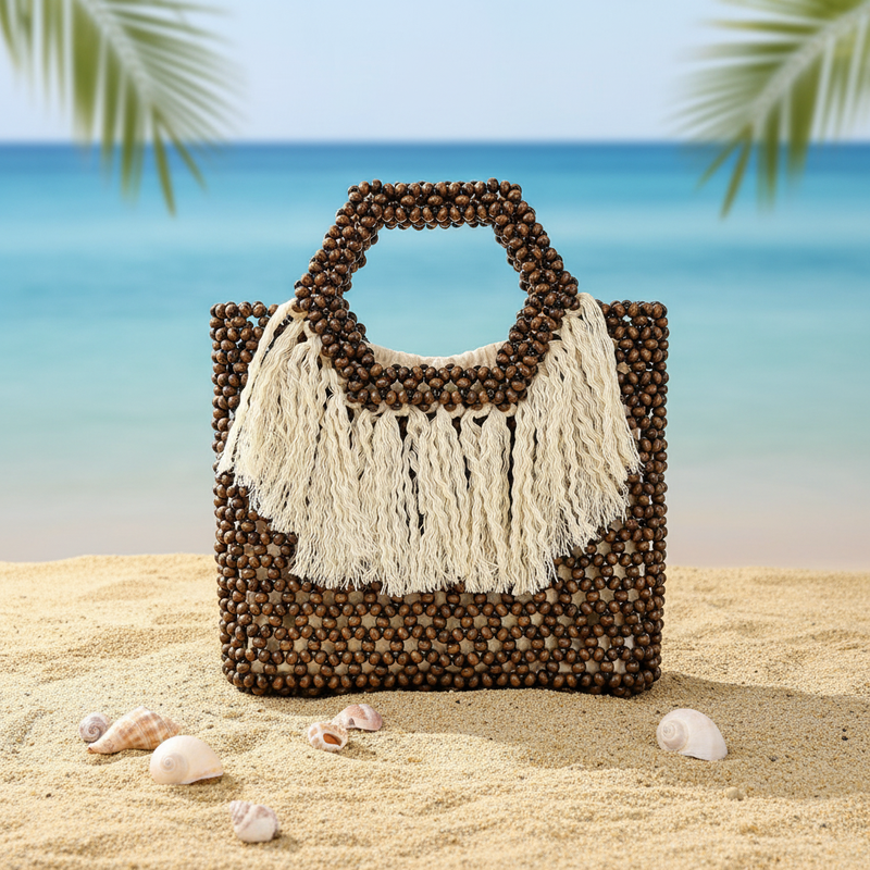 Bohemian Wooden Bead Tote Bag Handwoven