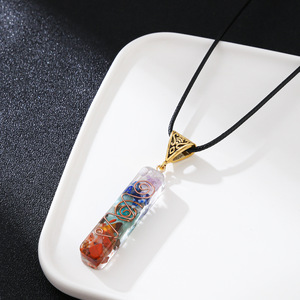 Rainbow Stone Pendant <b>Necklace</b> With Copper Wire Inlay Geometric Design Unisex Fashion Jewelry - Product Image 1