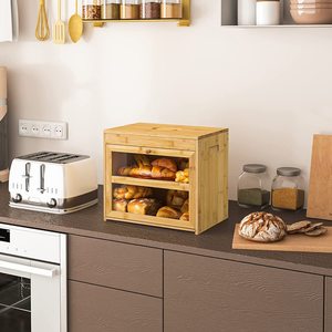 Boîte à pain en bambou double couche avec fenêtre transparente, rangement de cuisine en bois pour le pain - Product Image 2