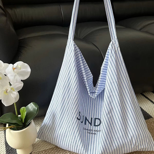 Custom Logo Fashion Cotton Striped Tote <b>Bag</b> Reusable Canvas Shopping <b>Bag</b> Lightweight Washable Large Capacity Shoulder <b>Bag</b> - Product Image 1
