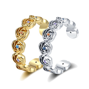 Anello Aperto Regolabile Stile Hong Kong con Rosa Etnica, Gioiello Floreale da Dito per Uso Quotidiano - Product Image 1