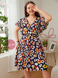 Robe ample à manches courtes <span class=keywords><strong>et</strong></span> col en V bleu imprimé pour femmes grandes tailles KISS ME ANGEL - Product Image 5