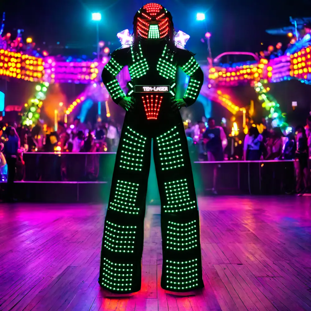 Costume de robot LED adulte avec échasses costume LED casque gants Laser pistolet CO2 Jet Machine pour le port de scène