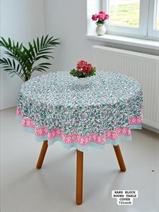 Nappe ronde à motifs floraux imprimés à la main – Nappe en coton de 72 pouces avec bordure rose - Product Image 6