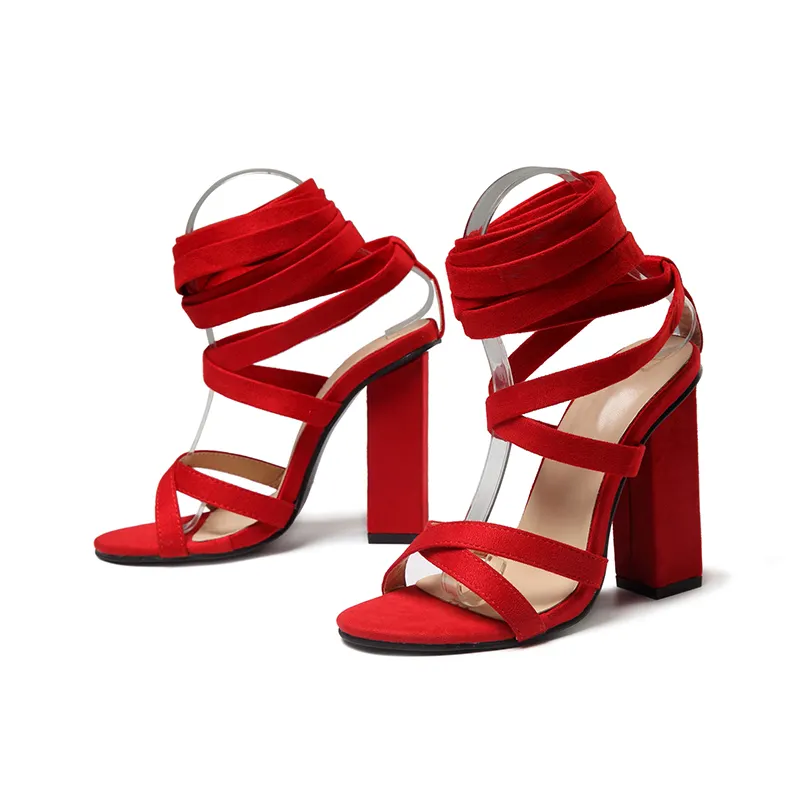 PL013 hochwertige Mode elegante Wildleder Kleid Gladiator rot Damen Sommer Absatz Schnür sandalen