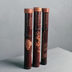 Hand Carved Bamboo Incense Tube 3pcs Set With Calligraphy And Floral Design For Home Office Aromatic Use - Product Image 2