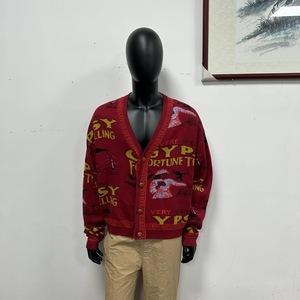Cardigan en tricot rouge à fleurs pour homme, pull à manches longues, col en V, boutons sur le devant, automne-hiver - Product Image 3