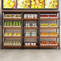 Klantspecifieke ijzeren houten displayrek voor supermarkt, geschikt voor vers fruit, groenten, gebak, brood, cake, snacks, noten en andere levensmiddelen.