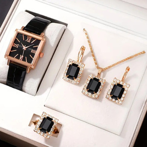 Großhandel 5 teile/satz Frauen Armbanduhr Vintage Rom Square Pointer Quarz Uhr Ring Halskette Ohrring Strass Schmuck Set Geschenk - Product Image 4