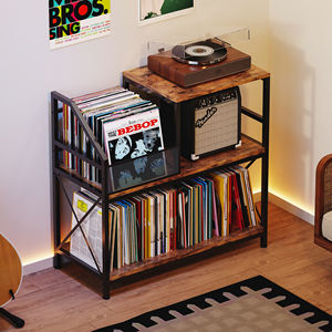 Support de tourne-disque tournant <span class=keywords><strong>vintage</strong></span> avec 3 étagères réglables à plusieurs niveaux, support de CD, plateau tournant en bois pour salon - Product Image 5