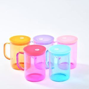 Wholesale Bulk 15oz Jelly Glass Camper <b>Mug</b> with Colored pp Lid Tea Milk Beer Crystal clear Sublimation Glass <b>Mug</b> with pp Lid - Product Image 3
