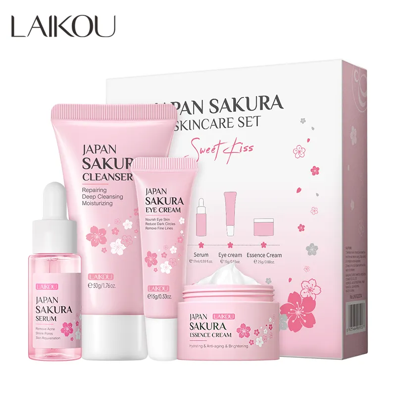 LAIKOU Sakura Hautpflege 4-Pieß-Set feuchtigkeitsspendend feine Linien entfernt aufhellend Reinigungsmittel Serum Augen-Gesichtscreme