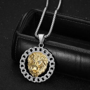 Collar con Colgante de Cabeza de León de Acero Inoxidable para Hombre, Chapado en Oro, con Incrustaciones, Joyería de Zodiaco Animal para Fiesta, DZ069 - Product Image 3