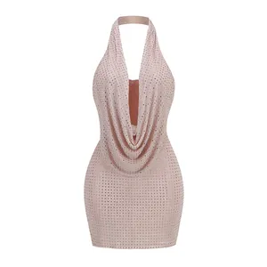 SB2709 Kimshein High Quality Stunning Low Neck Sleeveless Mesh Beading Dress Luxury Sexy Mini Halter Dress