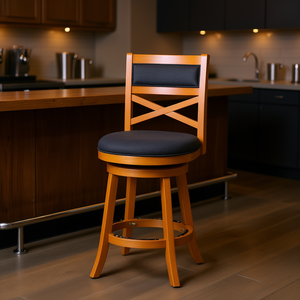 Sgabello da Bar Girevole con Schienale a X, Struttura in Legno, Seduta in Tessuto Grigio Antracite, Arredamento per Bar Domestico - Product Image 2