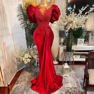 Abito da Sera Elegante <span class=keywords><strong>Rosso</strong></span> di Lusso con Applicazioni in Pizzo e Perline, Collo Trasparente in <span class=keywords><strong>Velluto</strong></span>, <span class=keywords><strong>Vestito</strong></span> Formale da Cerimonia Stile Sirena - Product Image 1