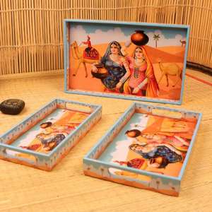 Bandeja de Servir de Madera Artesanal con Estampado Rajastaní, Bandeja Tradicional Étnica para Té y Café, para Decoración del Hogar y Regalos - Product Image 4