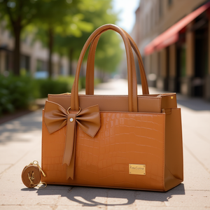 Bolso de mano para mujer Fana Corina M3890, color camel, diseño de cocodrilo, minimalista, con decoración de lazo para el verano - Product Image 2