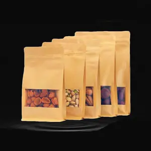 Bolsa de papel Kraft marrón con cremallera reciclable al por mayor, bolsa de embalaje de nueces de azúcar para alimentos, bolsa de fondo plano con ventana