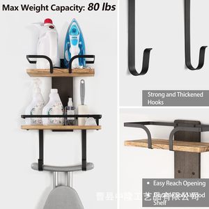 Wall Mounted Ironing Board Holder Wooden <b>Shelf</b> With Iron <b>Hook</b> Organizer Rack For Laundry Room Storage Punch Free Installation - Product Image 4