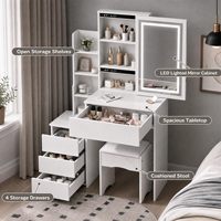 Table de maquillage avec miroir LED, 3 modes d'éclairage, luminosité réglable, 5 tiroirs, 3 étagères, moderne, blanc, MDF