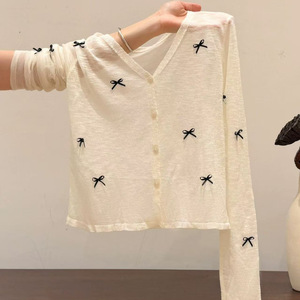 Women's Bow Embroidered Thin Cardigan Loose Fit Single Breasted Sheer Layer Summer <b>Cover</b> Up Ice Silk Knitted Top - Product Image 1
