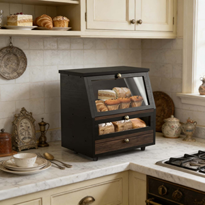 Boîte à pain en bois, support de rangement pour comptoir de cuisine, extra-large, noir, grande capacité, finition lisse, style américain, pour aliments - Product Image 4