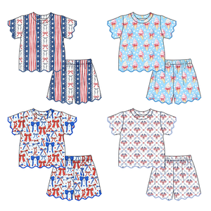 Preventa al por mayor: Ropa infantil de algodón orgánico suave con estampado de estrellas y lazos festivos para el 4 de julio, estilo Trendyism Boutique para niñas, MOQ 5 unidades. - Product Image 1