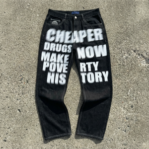 Pantalones Vaqueros de Mezclilla Personalizados OUNA, Estilo Urbano, Lavados, Negros, Estampados, Holgados, de Pierna Recta, Estilo Hip Hop para Hombre - Product Image 1