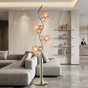 Lampadaire floral d'art moderne, abat-jour en verre lotus à 4 lumières avec tige dorée en forme de S, lampe sur pied décorative à lumière chaude pour la maison - Product Image 1