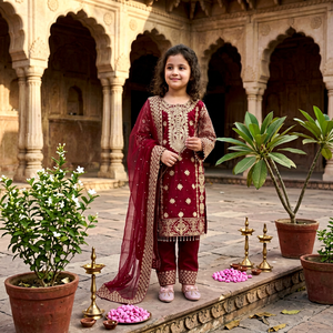 Ensemble Salwar Kameez pakistanais pour filles, couleur marron, lourdement brodé, 3 pièces, dupatta extensible, tenue de fête de mariage - Product Image 1