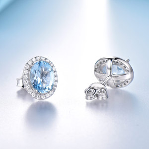 Pendientes de Botón con <span class=keywords><strong>Halo</strong></span> de Topacio Azul, Plata de Ley 925 Hipoalergénica, Piedra Preciosa Natural, Joyería <span class=keywords><strong>Destiny</strong></span> para Mujer - Product Image 2