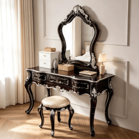 Ensemble coiffeuse baroque européen en bois massif, table de toilette sculptée de luxe avec miroir et tabouret, mobilier de chambre OEM ODM en gros