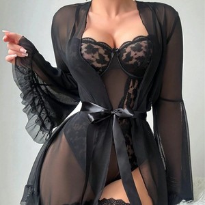 Conjunto de camisón y bata de encaje estilo europeo americano, transparente y sexy, para dormir y estar en casa. - Product Image 2