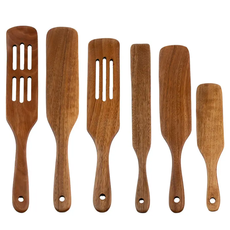 6 Stück Holz Spurtle Utensilien Set Wieder verwendbare natürliche Teak Küche Kochute nsilien Werkzeuge Set