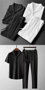Regalos IStapromo, Trajes de 2 Piezas para Hombre, Camiseta de Manga Corta + Pantalones Largos, Cuello Polo de Color Sólido, Botones, Cintura Elástica - Product Image 5