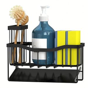 Organisateur d'évier de cuisine en acier inoxydable pour robinet, avec porte-brosse à vaisselle, porte-éponge, porte-savon et plateau de drainage - Product Image 1
