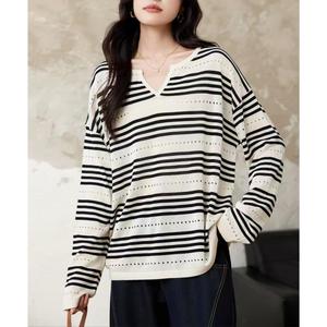 Pull <span class=keywords><strong>en</strong></span> maille fine respirant pour femme, mélange de <span class=keywords><strong>laine</strong></span>, motif pointelle rayé, manches longues, vente <span class=keywords><strong>en</strong></span> gros <span class=keywords><strong>en</strong></span> <span class=keywords><strong>ligne</strong></span> pour le printemps et l'été - Product Image 1