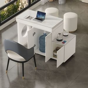 Mesa de té con gabinete de almacenamiento, tapa de mármol blanco, diseño telescópico móvil para uso en el hogar o en el balcón. - Product Image 2