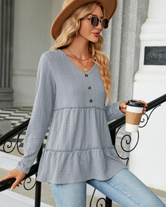 Sweeties habillé nuisette chemisier haut Jacquard texturé col en V solide haut décontracté ample pour les femmes modeste correspondant t-shirt haut - Product Image 3