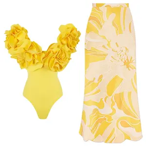 2024 2Pc High Quality Luxury Woman Swimsuit Flower Ruffle Solid Bathingsuit Push Up Swimwear Off Shoulder Summer Suits Beachwear