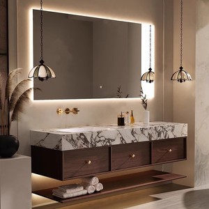 Meuble de salle de bain suspendu style Mid-Century en noyer avec finition peinture noire, lavabo en pierre frittée sans joint noir et blanc - Product Image 4
