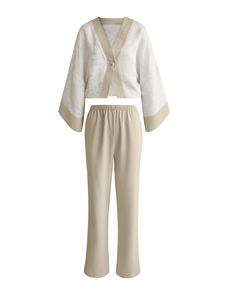 Ensemble deux pièces beige patchwork col en V, chemisier jacquard à manches kimono et pantalon large, 100 % polyester, vêtements islamiques élégants - Product Image 5